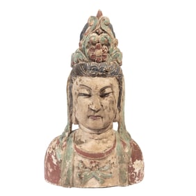 A Large Polychrome Carved Guanyin Head