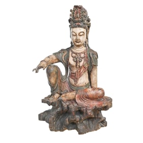 Large Chinese Polychrome Wood Figure of Guanyin