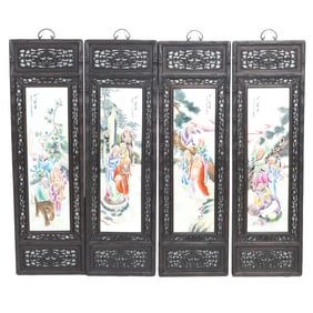 Set of Four Framed Famille Rose Porcelain Plaques