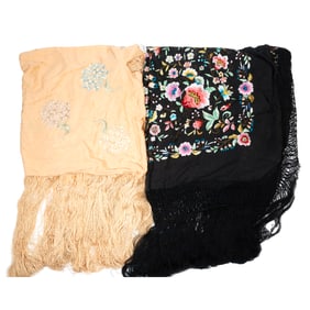 Two Chinese Embroidered Silk Shawls