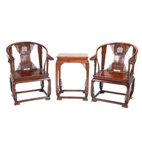 Two Huanghuali and Mixwood Armchairs and a Table