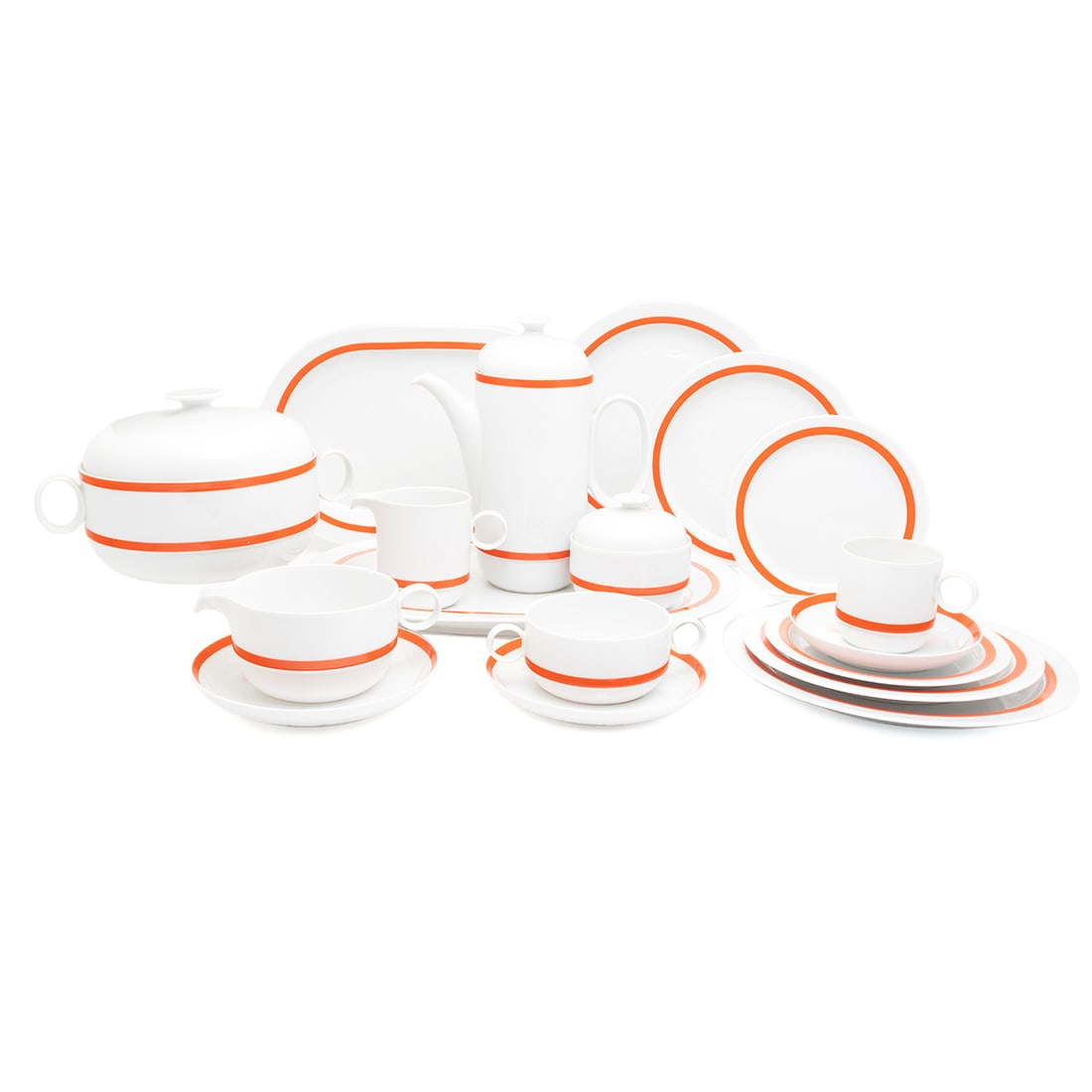 Rosenthal Porcelain Pozzi Duo Dinner Service: Rosenthal Porcelain Pozzi Duo Dinner Service. Designed by Ambrogio Pozzi (Italian, 1931-1997). Duo patter is a two-toned porcelain service with minimalist rounded and cylindrical forms, boasting wide,