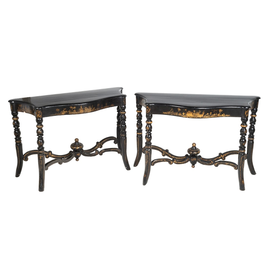 Pair of Chinoiserie Black Lacquer Console Tables: Pair of Chinoiserie Black Lacquer Console Tables. Continental, probably French. Shaped rectangular top with projecting rounded corners over conforming apron on turned and downswept legs joined by C sc