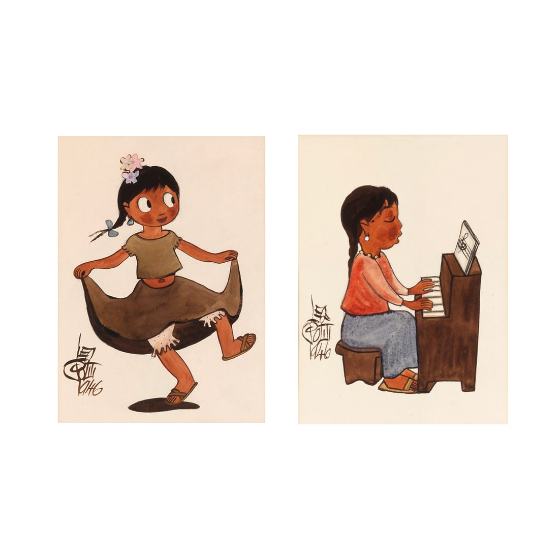 Leo Politi, Children, two watercolors (1 of 5)