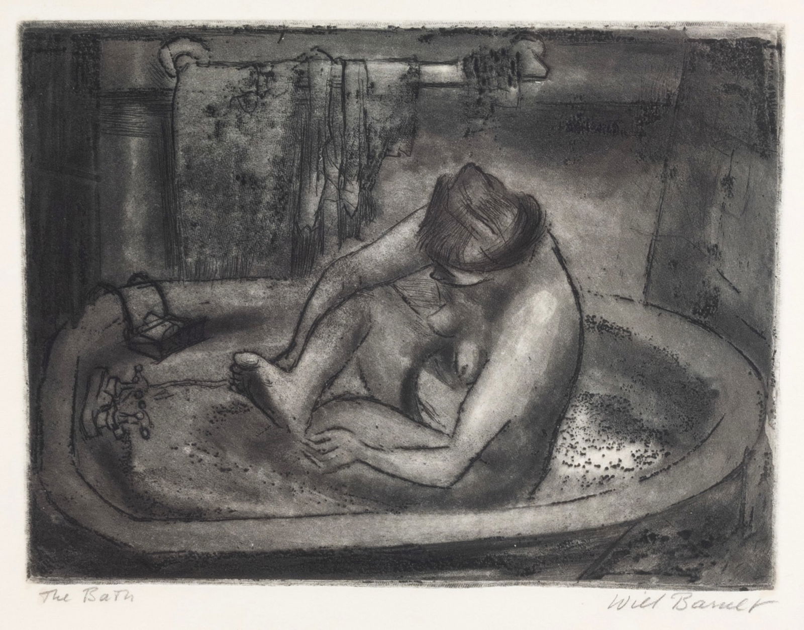 Will Barnet, The Bath, aquatint etching: WILL BARNET (American, 1911-2012), “The Bath,” aquatint etching, (approximate dimensions - plate: 6 1/2 x 8 3/4 inches, sheet: 9 3/4 x 12 inches); titled lower left, and signed lower right, an
