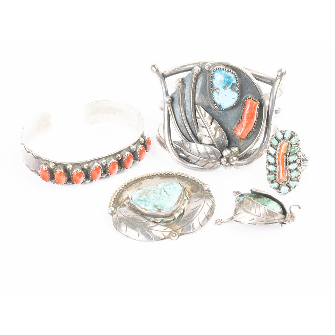 Five Native American Turquoise, Coral, Silver Items. (1 of 4)