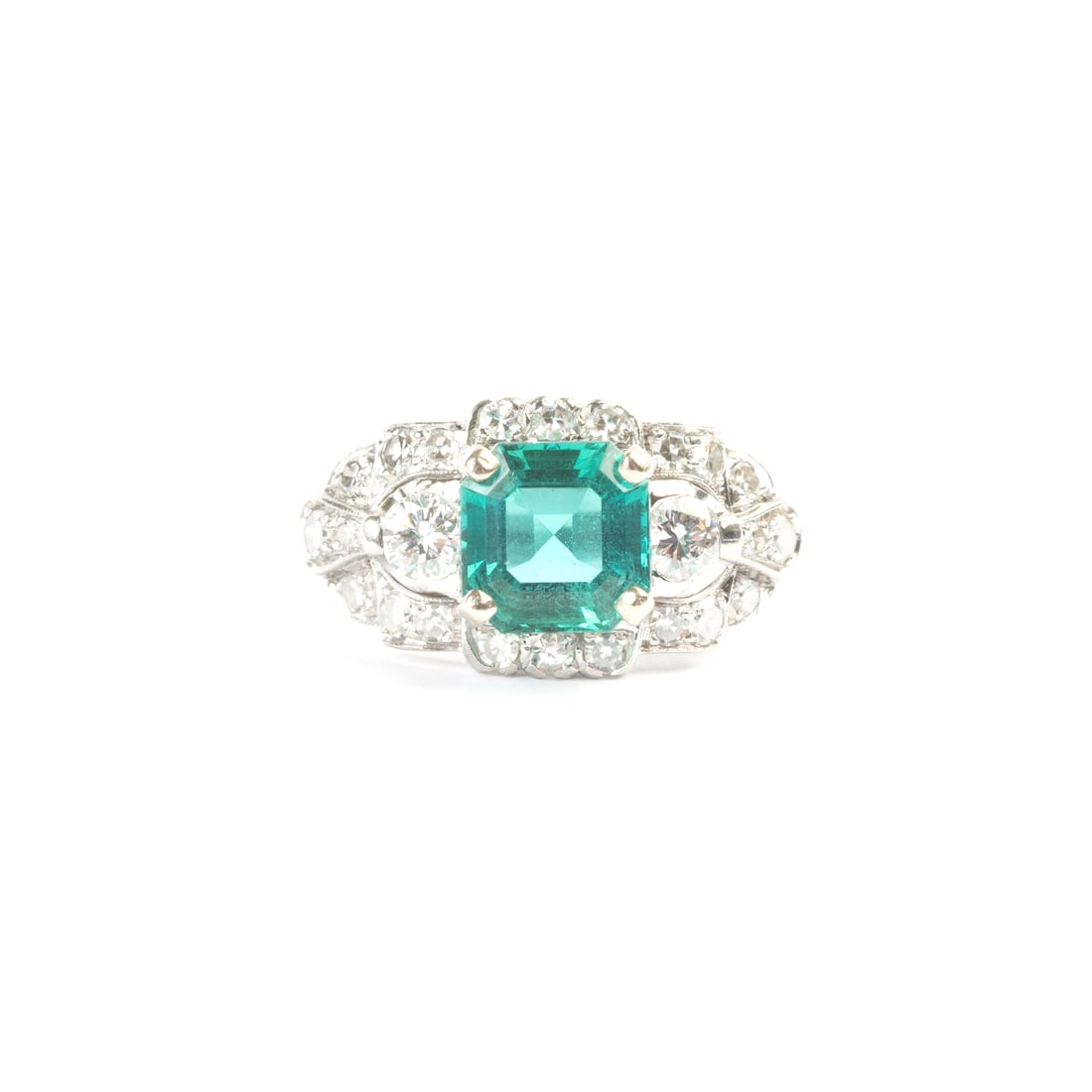 Granat Bros. Synthetic Emerald, Diamond, Platinum Ring. (1 of 5)