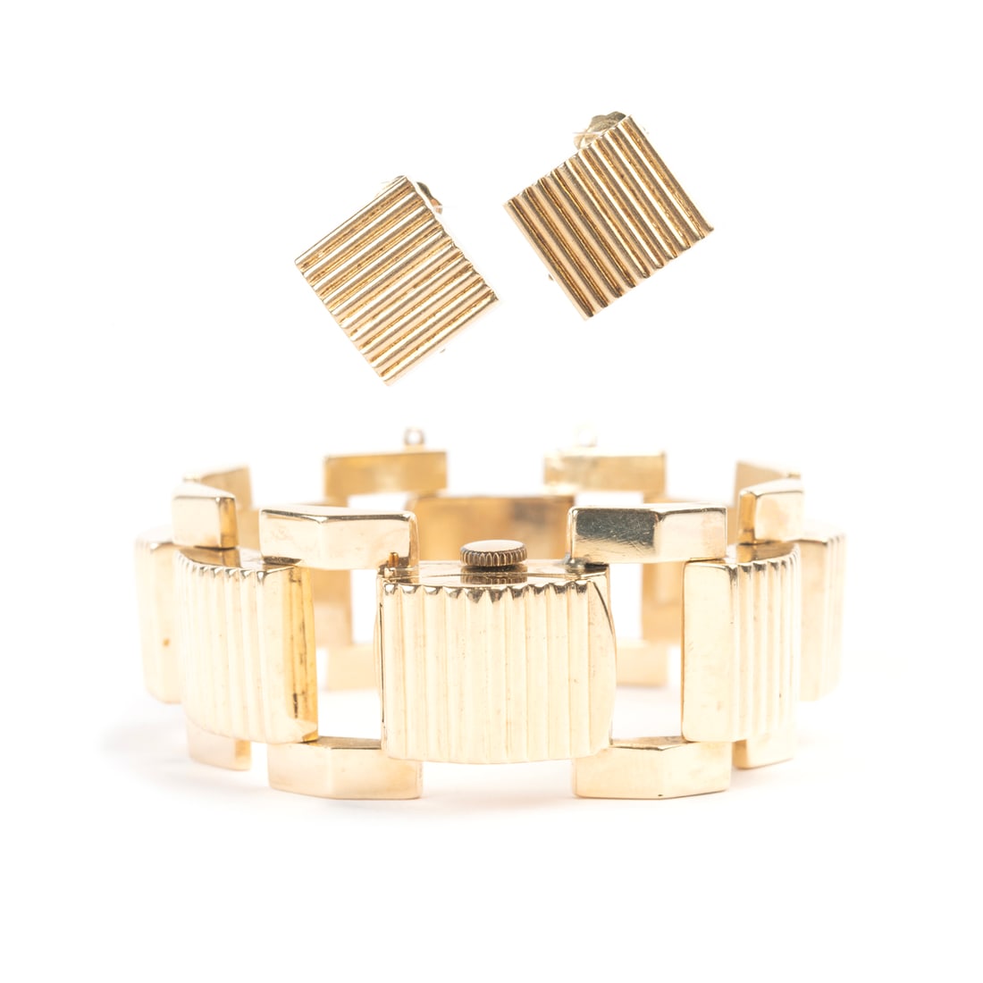 14k Yellow Gold Jewelry Suite.: 14k Yellow Gold Jewelry Suite. Including one ladies Kingston 14k yellow gold manual wind covered wristwatch measuring approximately 23 mm in width and 6 1/4 inches in length together with a matching p