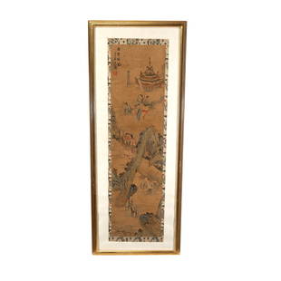 After Shen Zhou: Framed Chinese Painting of Deities: After Shen Zhou (1427-1509): Framed Chinese Painting of Deities. Ink and color on silk, inscribed, signed with a seal. Framed and glazed. {Frame size: 43 x 16 3/4 inches (109.2 x 42.5 cm)}.