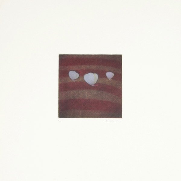 YOZO HAMAGUCHI "Three Butterflies, 1985": YOZO HAMAGUCHI (Japanese 1909-2000) "Three Butterflies, 1985" Mezzotint on Rives paper with watermark. Plate: 4.5 x 4.5 inches/ 11.7 X 11.7 centimeters. Sheet: 15 x 13.5 inches/ 38.1 x 34.3 centimeter