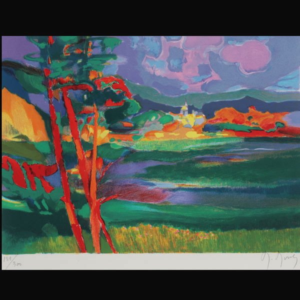 MARCEL MOULY "Le Village Lointain": MARCEL MOULY (French 1918-2008) "Le Village Lointain" Lithograph on paper. 12.25 x 15.75 inches/ 31 x 40 centimeters. Signed in pencil lower right "M. Mouly" Numbered lower left "183/300" Frame: 25.5