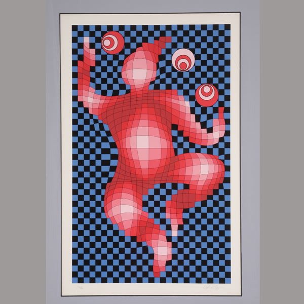 VICTOR VASARELY "Harlequin Juggling": VICTOR VASARELY (French/Hungarian 1906-1997) "Harlequin Juggling" Serigraph on paper. Image: 26 x 16 inches/ 66 x 40.6 centimeters. Numbered lower left "229/250" Signed lower right "Vasarely" Frame: 3