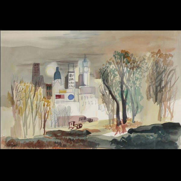 DONG KINGMAN "City View": DONG KINGMAN (American 1911-2000) "City View" Watercolor on paper. 15.25 x 22.75 inches/ 38.7 x 57.8 centimeters. Signed lower left "Kingman" Frame: 21.75 x 28.75 inches/ 55.3 x 73 centimeters.