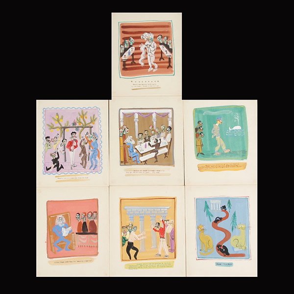 JOHN HALEY Seven works from "The Cats": JOHN HALEY (American 1905-1991) Seven original works from "The Cats, Berkeley Art Club" Gouache on paper laid to board. 11 x 9 inches/ 28 x 22.8 centimeters. Each work has script lower center. Certifi