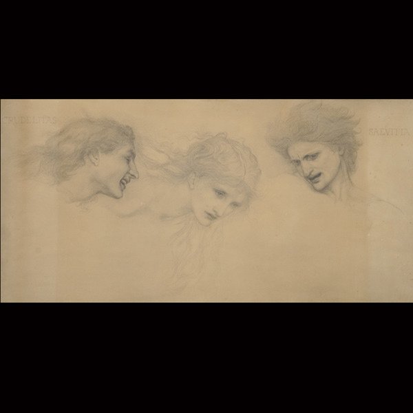EDWARD BURNE-JONES "Crudelitas & Saevita": EDWARD BURNE-JONES (British 1833-1898) "Crudelitas & Saevita" Heliogravure on paper. Sight: 11.5 x 22.5 inches/ 29.3 x 57.1 centimeters. Frame: 20 x 30.5 inches/ 50.8 x 77.5 centimeters.