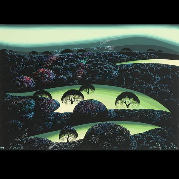 EYVIND EARLE "Nocturne, 1991": EYVIND EARLE (American 1916-2000) "Nocturne, 1991" Serigraph on paper. Image: 15 x 20 inches/ 38 x 50.8 centimeters. Sheet: 20 x 26 inches/ 50.8 x 66 centimeters. Numbered lower left "45/145" Signed l