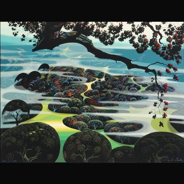EYVIND EARLE "Mystic Mountain, 1989": EYVIND EARLE (American 1916-2000) "Mystic Mountain, 1989" Serigraph on paper. Image: 26 x 34 inches/ 66 x 86.3 centimeters. Sheet: 32 x 40 inches/ 81.3 x 101.6 centimeters. Numbered lower left "109/19