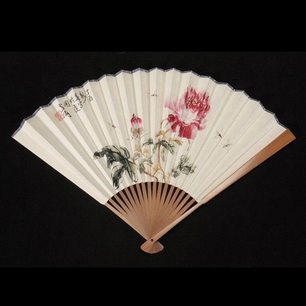 A Fan Painting: Flower, marked Wang Xuetao: A Fan Painting: Flower, folding fan, ink and color on paper, the recto featuring peony and insects, the upper left bearing a signature 'Xuetao,' one seal; the verso kept blank {7 1/2 x 17 3/4 inches (