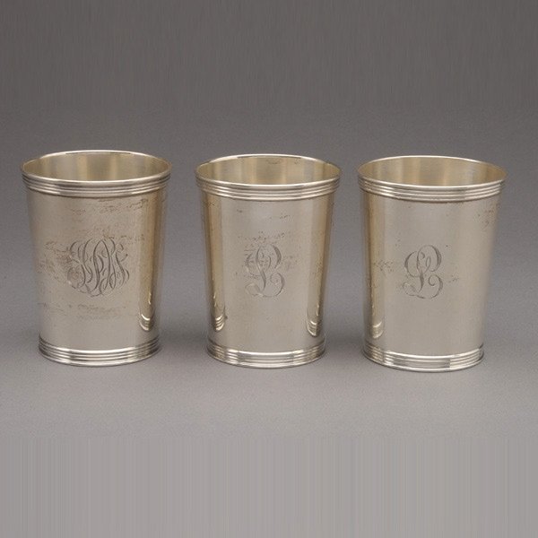 Three Trees Sterling Mint Julep Cups: Three Trees Sterling Mint Julep Cups, with initials {Total silver weight 12.64 troy oz; height 3 5/8 inches}