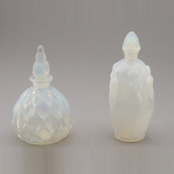 Two Sabino Opalescent Glass Perfume Bottles: Two Sabino Opalescent Glass Perfume Bottles with Paper Labels {Height of tallest 6 inches}