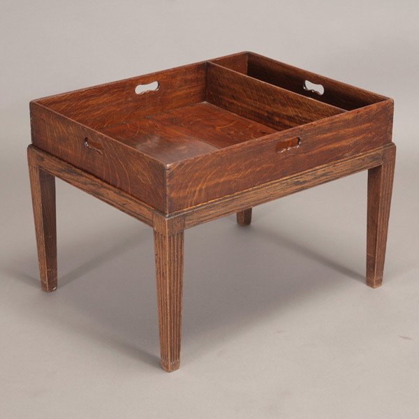Late Georgian Oak Butler's Sectional Tray: Late Georgian Oak Butler's Sectional Tray, with cut out handles, on Later Base {Dimensions 19 x 26 3/4 x 21 inches}