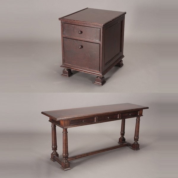 Spanish Colonial Style Pier Table and Cabinet: Spanish Colonial Style Pier Table and Matching Cabinet, "South Cone" "Made in Peru" {Dimensions of table 30 1/2 x 68 x 20 1/4 inches; height of cabinet 26 inches}