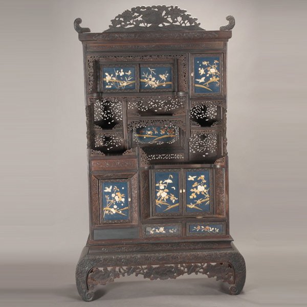 Japanese Export Ebonized Shodana Cabinet: Japanese Export Ebonized and Carved Wood Shodana Cabinet Fitted with Shibayama Style Inlaid Blue Lacquer Doors, Late Meiji Period, Early 20th Century {Dimensions 84 1/4 x 49 x 16 inches}