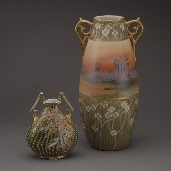 Two Nippon Urns: Two Nippon Urns: one with scenes of ruins; the other decorated with floral bouquets {Heights 5 1/2 and 11 1/2 inches}