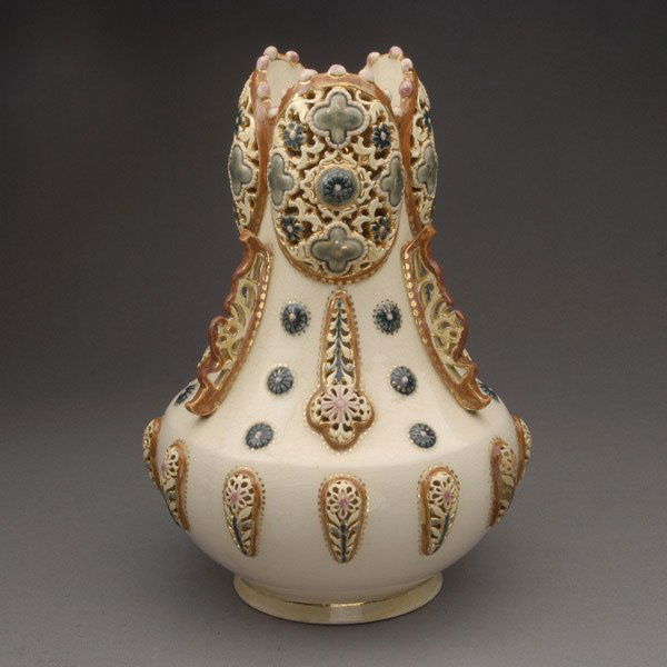 Zsolnay Earthenware Jeweled Urn: Zsolnay Earthenware Jeweled Urn {Height 10 3/4 inches} [Repair]