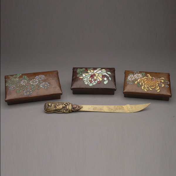 3 Japanese Arts & Crafts Enameled Copper Boxes: Three Japanese Arts & Crafts Enameled Copper Boxes; together with a Japanese mixed metal brass letter opener (4) {Length of opener 12 1/2 inches}