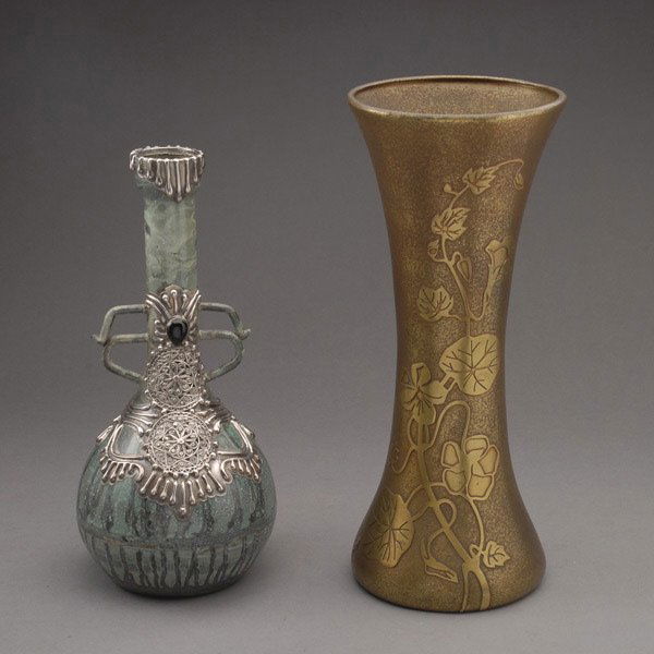 Silvercrest Bronze Trumpet Shape Vase & another: Silvercrest Bronze Trumpet Shape Vase #2033 and a Modern Hand blown Glass Vase, fashioned as an ancient silver and "jewel" inlaid verdigris patinated bronze ewer (2) {Height of taller 11 3/4 inches}