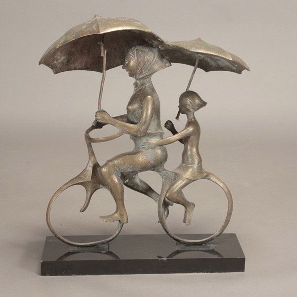 Bronze of Two People on a Bike with Umbrellas: Bronze of Two People on a Bike with Umbrellas, stamped "2M7" {Height with base 25 inches, length of base 20 inches}