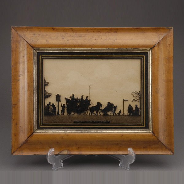 English Eglomise Silhouette Panel: English Eglomise Silhouette Panel of the Stage Coach: "Changing Horses at Nottingham", mounted in bird's eye maple frame {Dimensions of frame 11 1/4 x 14 1/2 inches}