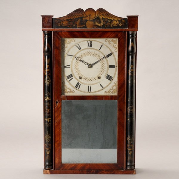 Eli Terry Shelf Clock: Eli Terry Shelf Clock, With painted eagle crest, pillars and Roman numerals {Dimensions 31 1/2 x 17 1/2 x 4 inches}