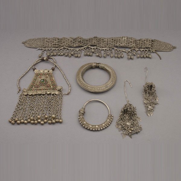 Collection of Middle Eastern Jewelry: (6): Collection of Middle Eastern Jewelry: three earrings; a bracelet; a collar necklace; and "jewel" inlaid necklace {Length of collar 15 inches}