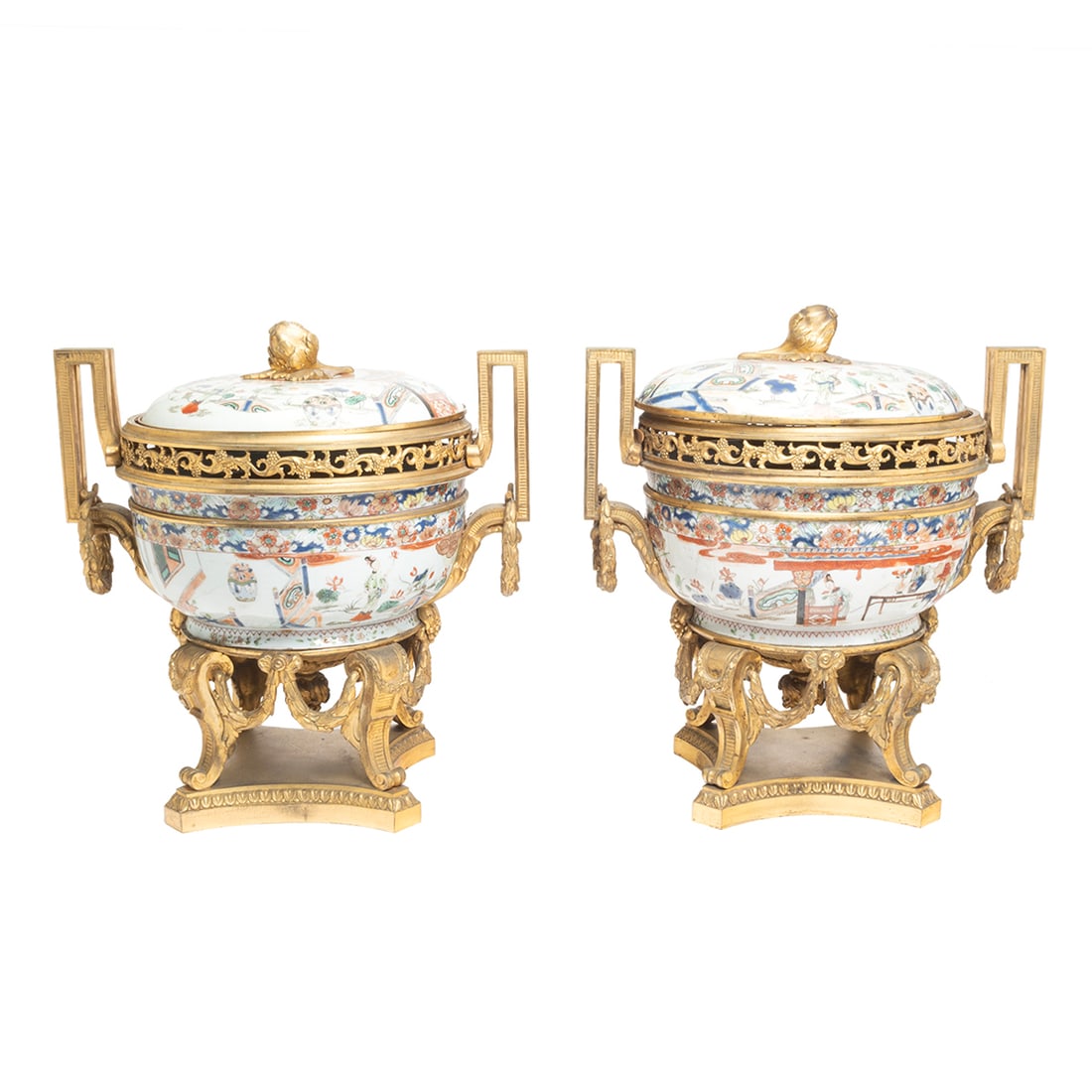 Pair of Gilt Bronze Mounted Famille Verte Bowls: Pair of Gilt Bronze Mounted Famille Verte Bowls. Louis XIV style pair of punch bowls and covers, painted with figures in gardens among tables and pavilions, under bands of scrolling flower heads. Gilt