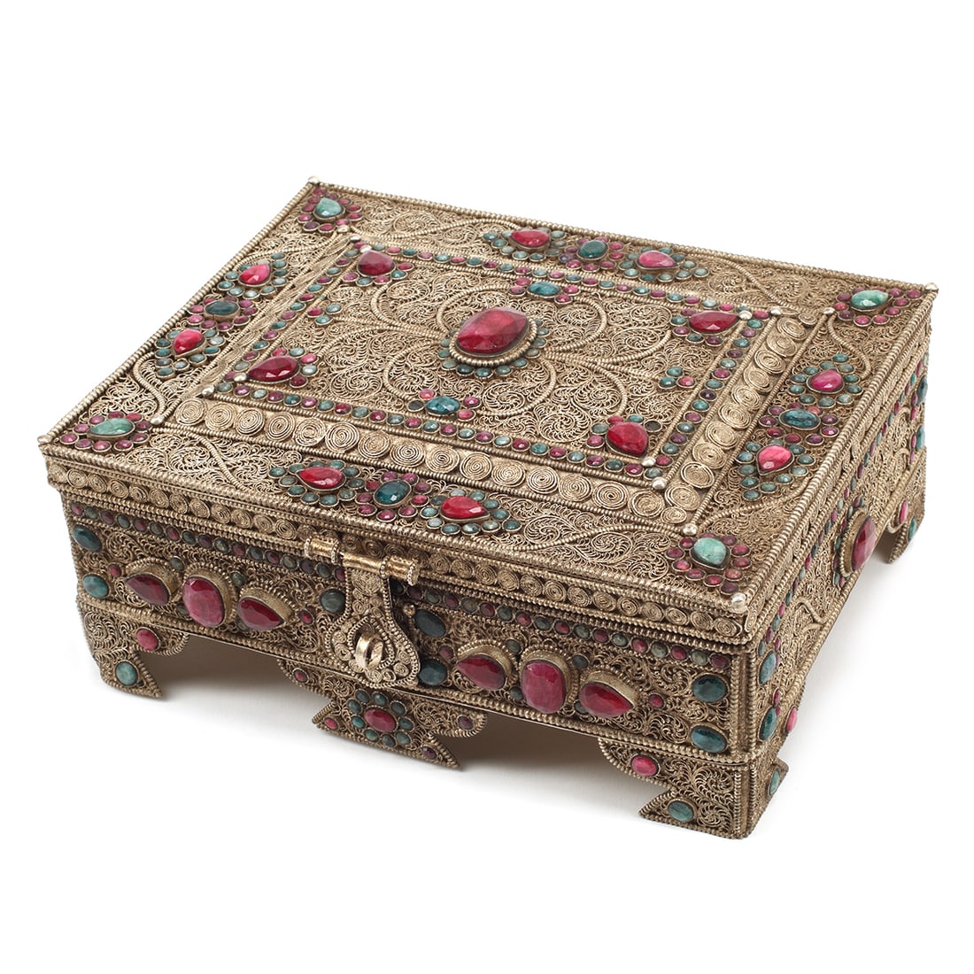 Silvered Filigree Box Inset with Emeralds and Rubies (1 of 4)