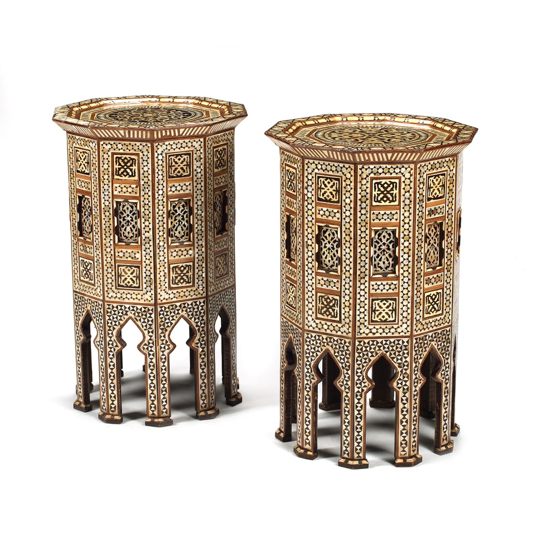 Pair of Moorish Style Inlaid Decagonal Tables: Pair of Moorish Style Inlaid Decagonal Tables. Inlaid with mother of pearl, shell, wood, bone. {Approximate dimensions: 29" high x 19 1/4" diameter.}. Condition: Some minor repairs throughout. Light s