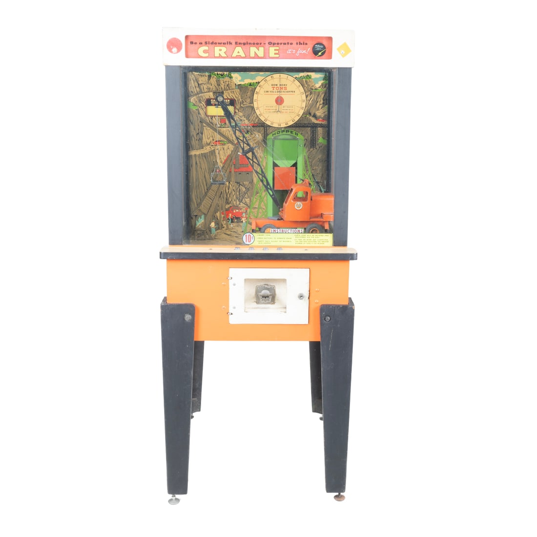 Williams Ten Cent Coin Op Crane Game: Williams Ten-Cent Coin Op Crane Game. {Approximate dimensions: 68 1/4" high x 27 1/2" wide x 32 1/2" deep.}. Has not been tested, working order is not guaranteed. Surface wear throughout includes pain