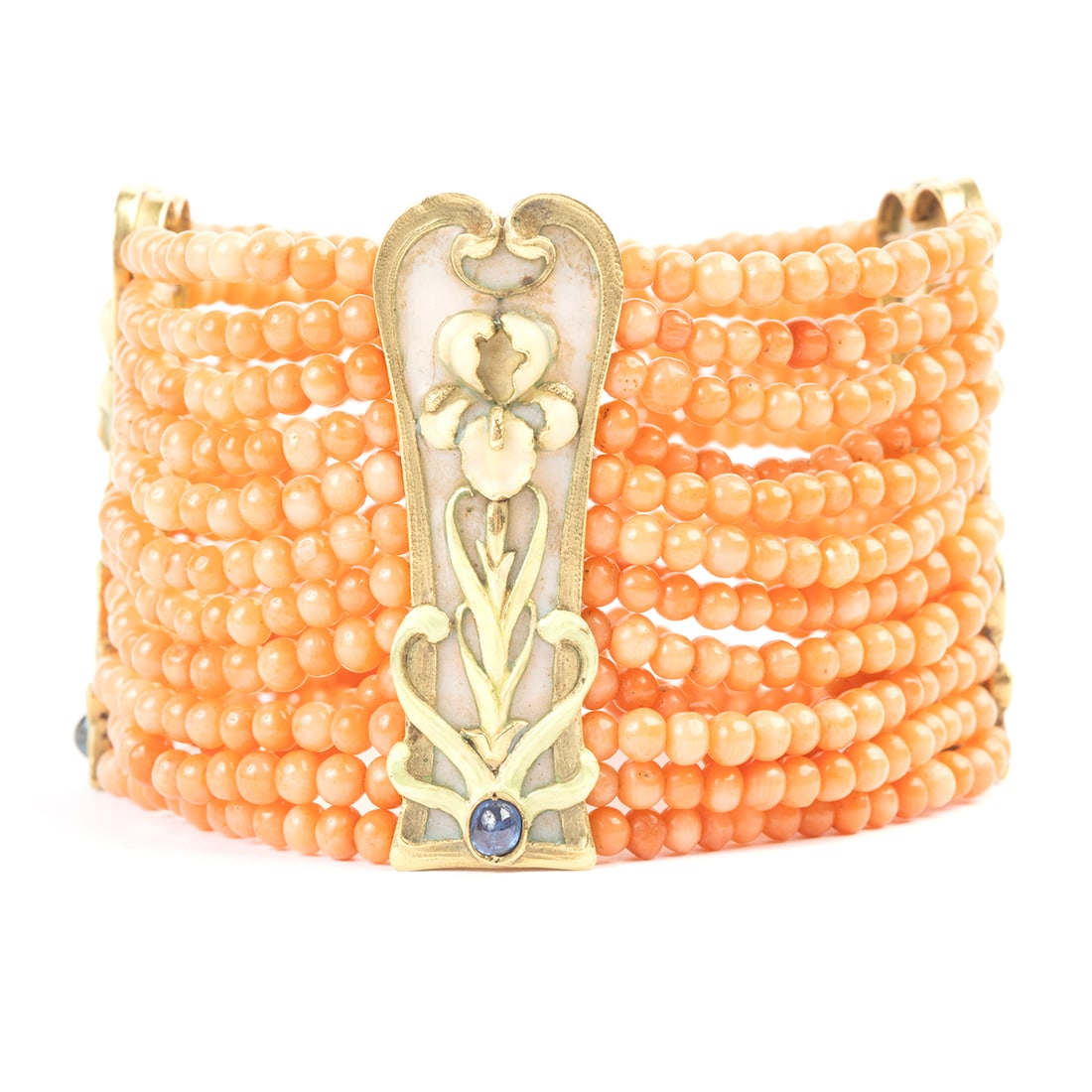 Art Nouveau Coral, Sapphire, Enamel, 18k Gold Bracelet. (1 of 4)