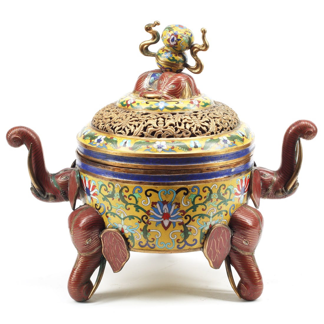 Chinese Lidded Cloisonne Incenser with Elephant Motifs: A Chinese Lidded Cloisonne Incenser with Elephant Motifs. The body is decorated with a continuous lotus scroll on a mustard yellow ground, supported by elephant head-shaped feet and attached similar h