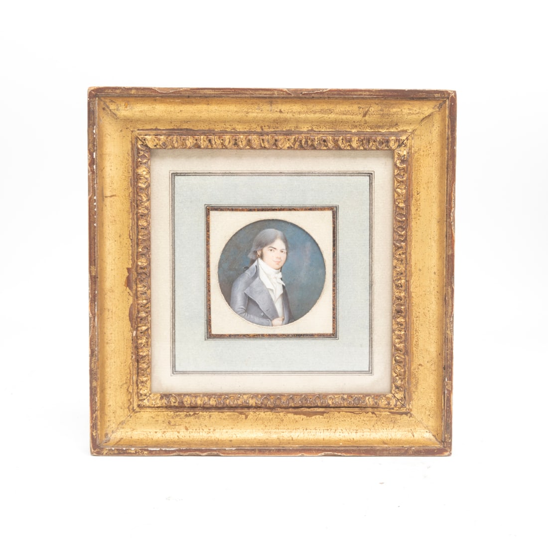Early 19th Century Portrait of Merchant: Early 19th Century Portrait of Merchant. Depicting man with slightly powered hair and gold hoop earring, in giltwood frame. Very faint inscription to corner, illegible, 'Gay.........7(?)'. {Approximat