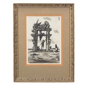 Framed Pen and Ink Artwork, Figures in Ruins Doorway.