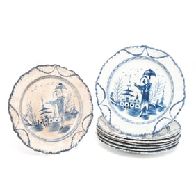 Eight English Pearlware Shell Edge Chinoiserie Plates