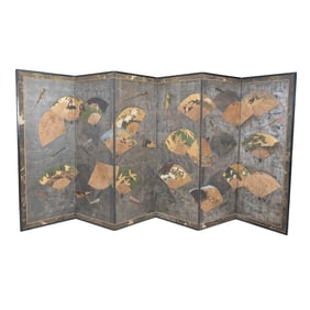 Japanese Six-Panel Painted Screen, 'Folding Fans'