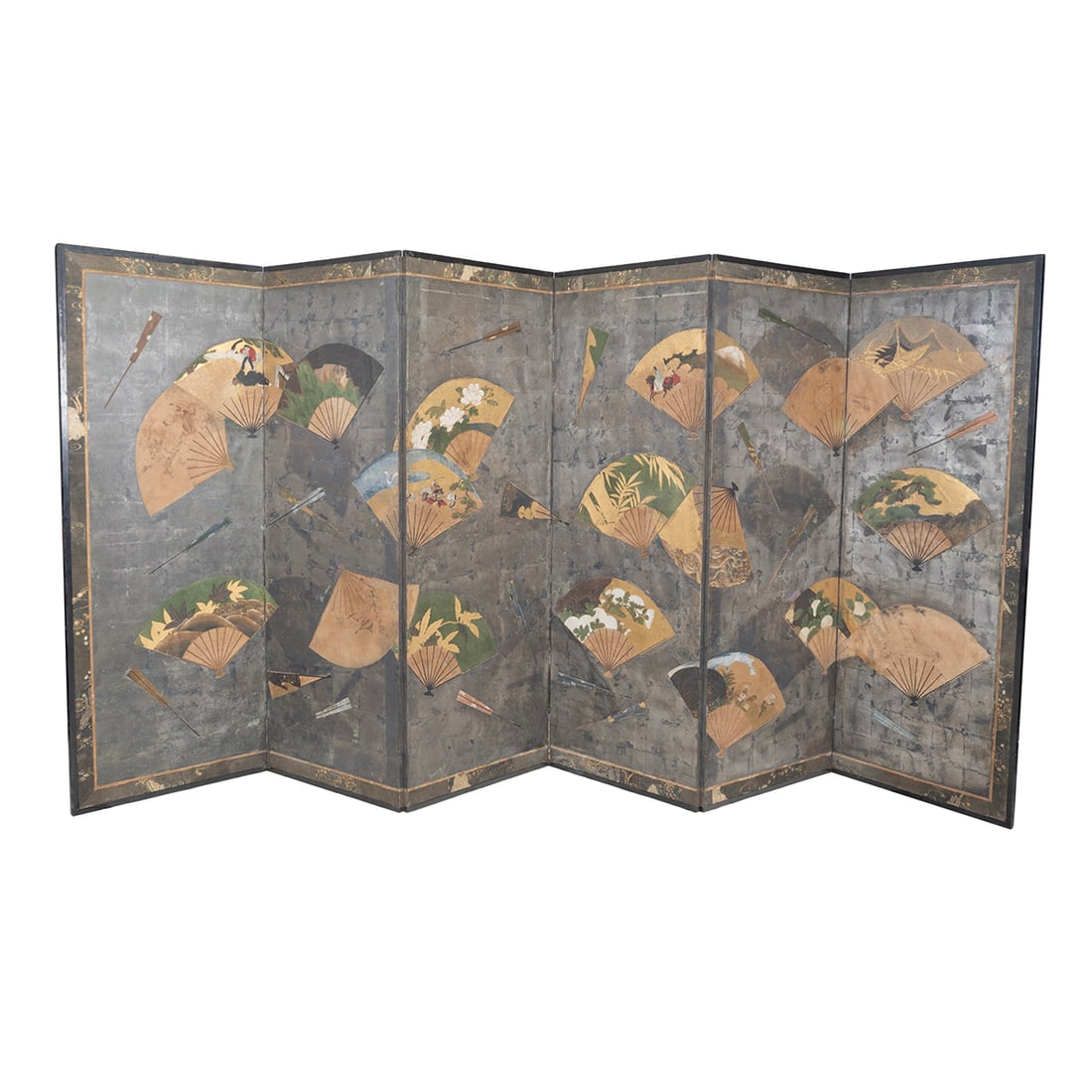 Japanese Six-Panel Painted Screen, 'Folding Fans' (1 of 4)