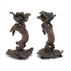 Pair of Bronze Figural Rabbit Form Candlesticks