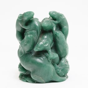 Chinese Carved Green Hardstone Rat Figural Grouping