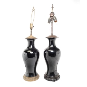 Two Vintage Black Ceramic Table Lamps
