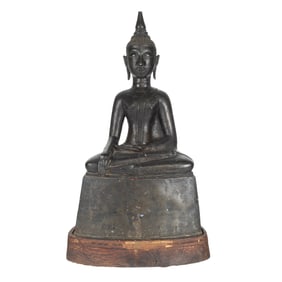 A Thai Bronze Statue of Seated Buddha with Stand